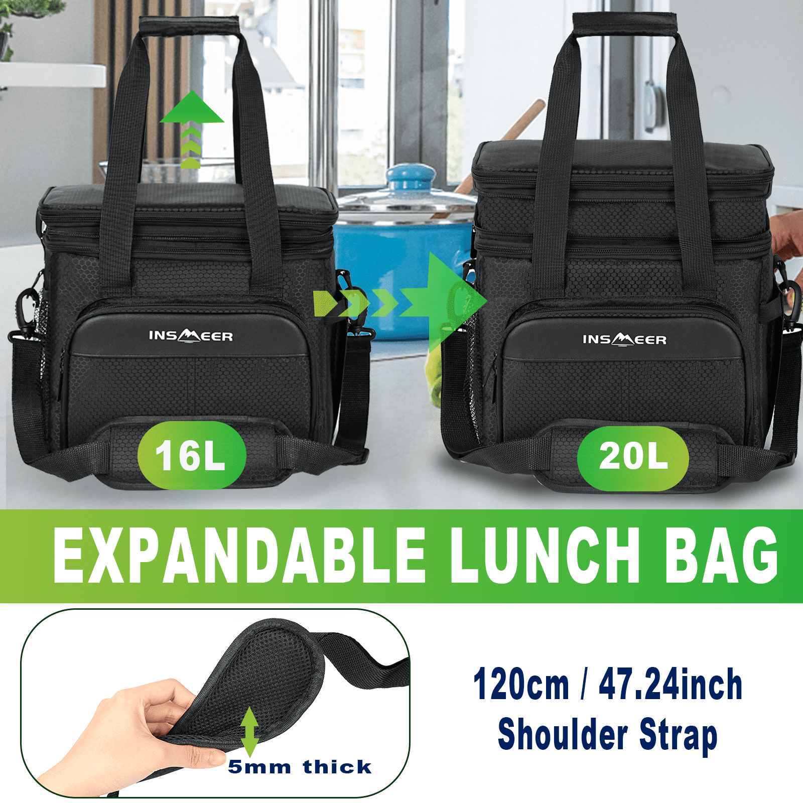 INSMEER Expandable Insulated Lunch Bag for Men, Leakproof 2-Layer Cooler, 30-Can Large Capacity 21.13 Qt, Perfect for Adult Work Travel Picnic