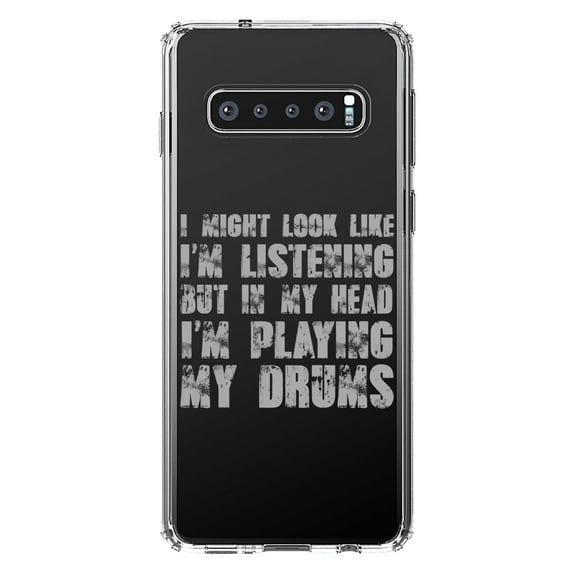 DistinctInk Clear Shockproof Hybrid Case for Samsung Galaxy S10 (6.1" Screen) - TPU Bumper Acrylic Back Tempered Glass Screen Protector - In My Head, I'm Playing Drums