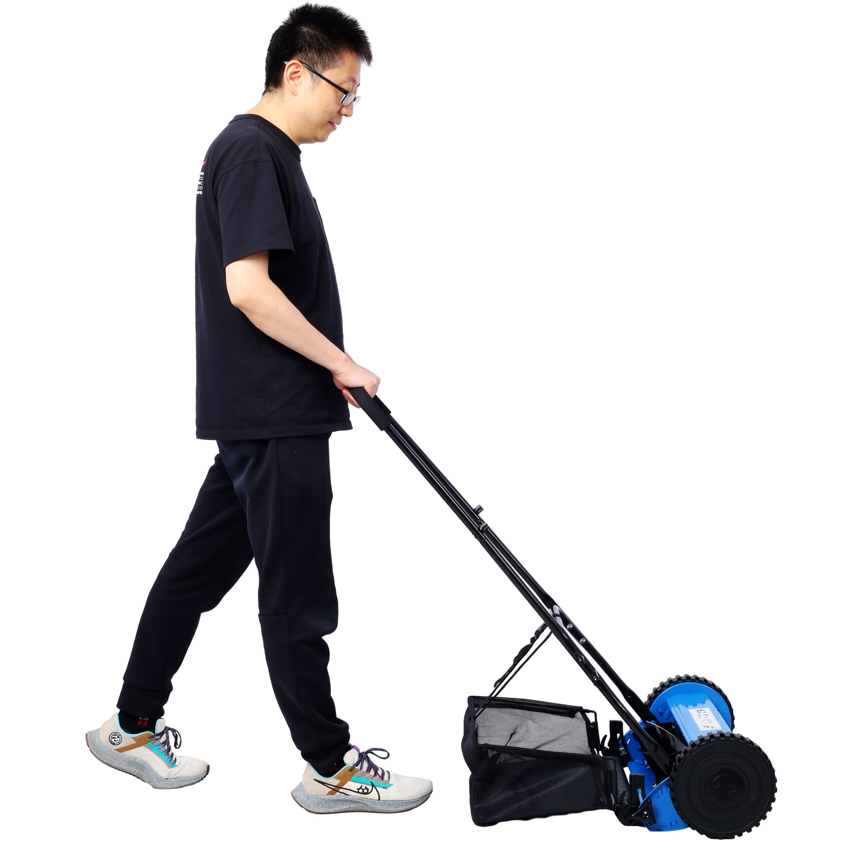 14-Inch 5-Blade Push Reel Lawn Mower with Grass Catcher, Eco-Friendly Silent Mower with Adjustable Blade Height, for Yards, Lawns, Blue
