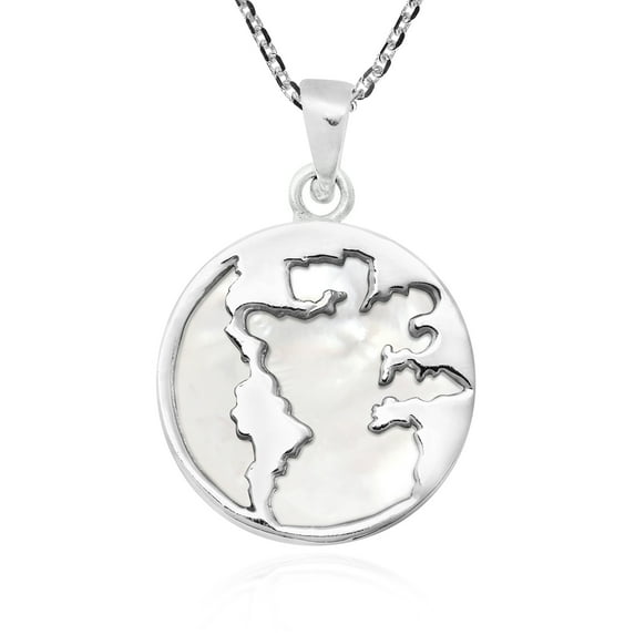 Traveler World Map Mother Earth White Pearl Sterling Silver Necklace