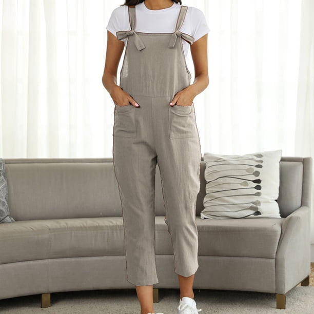 Mono de pantalones casuales con tirantes literarios de talla grande de color sólido a la moda para mujer Pompotops qyievc1126