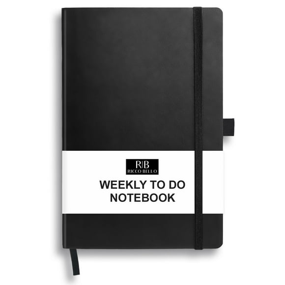 RICCO BELLO Undated Weekly Planner To Do Notebook | Faux Leather Hardcover, for Work, School, Home with Pen Holder, Bookmark, Band Closure, Storage Pocket, 5.7 x 8.4 Inches (Black)