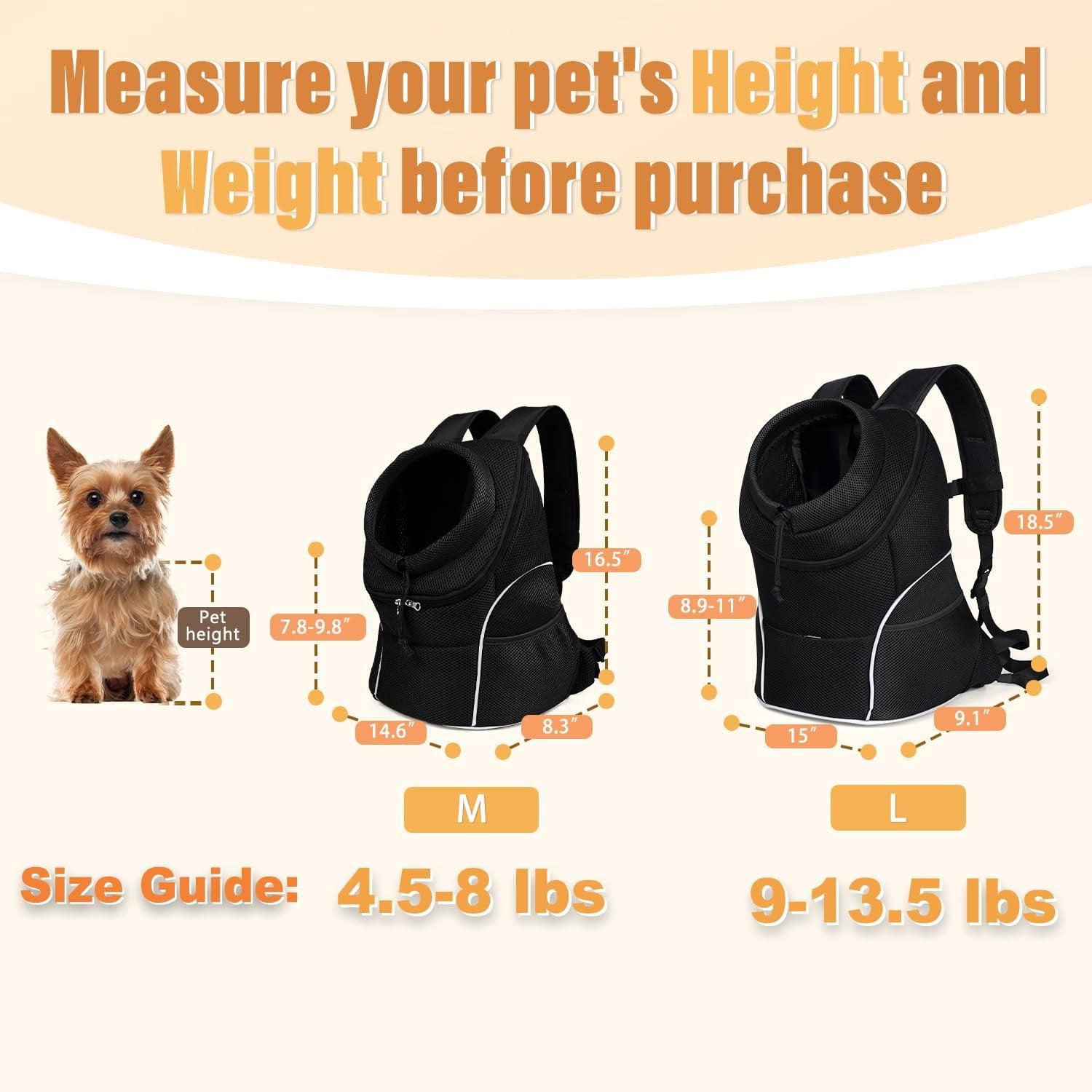 9-14lbs Dog Front Carrier Backpack, Adjustable Breathable Pet Carrier for Small Dogs, Ventilated Puppy Back Pack with Safety Belt, Lightweight Doggy Backpack for Hiking Outdoor(Jet Black, L)