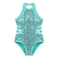 thumbnail image 6 of Lejafay Girls Kids Sparkly Sequins High Mock Neck Cutout Back Tank Leotard for Gymnastics Ballet Mint_Green 6, 6 of 7