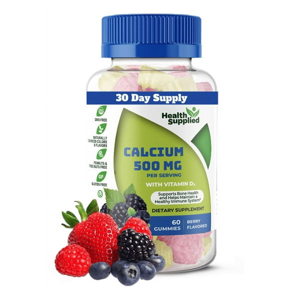 Health Supplied Calcium 500mg with Vitamin D3 1000 IU Gummies | Bone Strength, Growth, Teeth |Natural Berry Flavor Vitamin Gummy