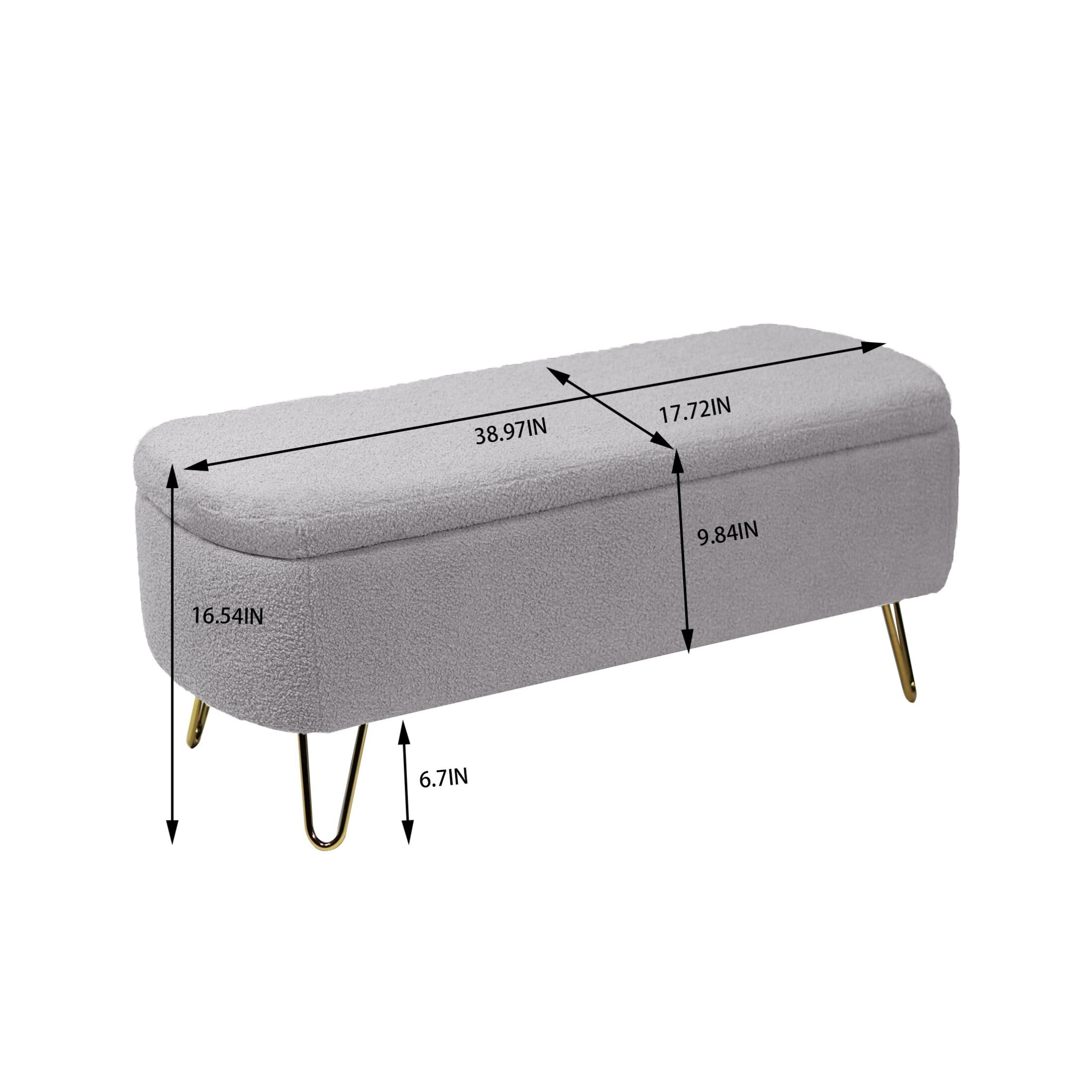 DEALTOPS Stylish Faux Fur Storage Bench, Oval Ottoman with Storage Space and Metal Legs, Gray