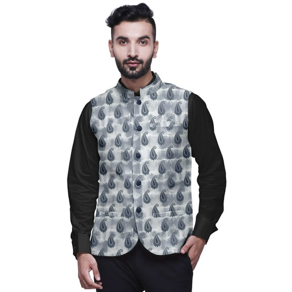 Atasi Dark Blue Paisley Printed Nehru Jacket Mens Bandhgala Ethnic Jacket Party Wear Wedding Clothing-Large