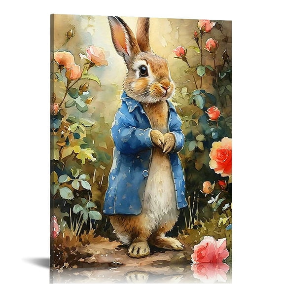 Vintage Easter Bunny Print Wall Art, Lovely Rabbit Picture Posters Wrapped Canvas Wall Decor Artwork Painting for Bedroom, Living Room,Bathroom, Office Classic Home Decor Easter Gifts
