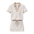 thumbnail image 2 of Skirt Sets Women 2 Piece Outfits Classic Striped Short Sleeve Lapel V Neck Top & Mini Skirts Summer Clothes, Khaki M, 2 of 8