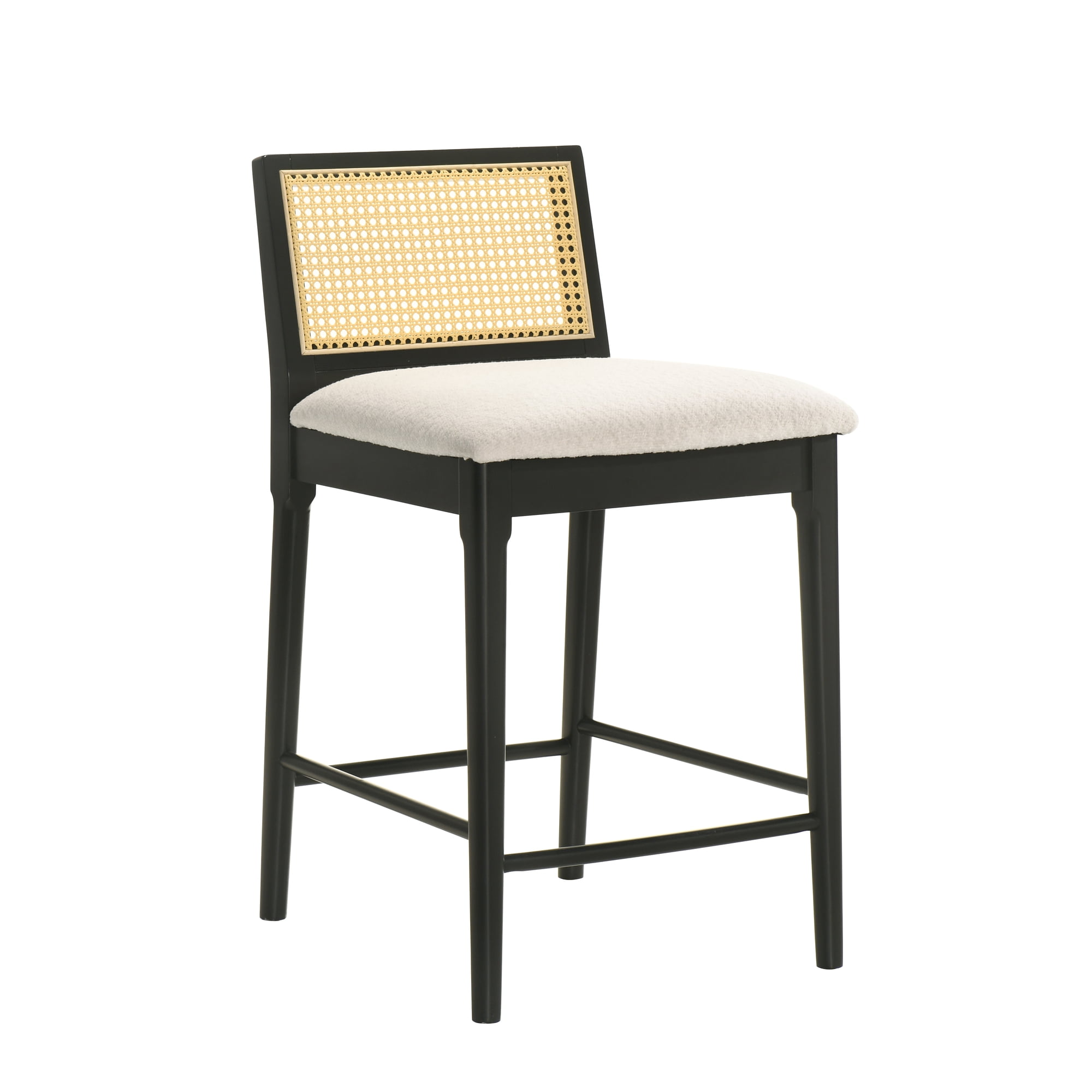 Tobias Coastal Modern Wood Counter Height Kitchen Bar Stool in Black Finish with White Boucle Fabric Upholstered Seat - Set of 4