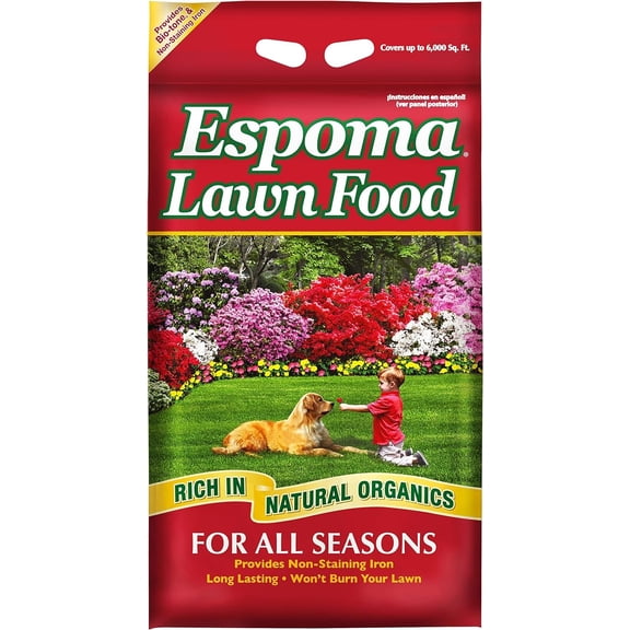 Espoma Lawn Food for All Seasons. Rich in Natural Organics 15-0-5 Analysis; 20 lbs. Covers up to 6,000 Square feet. Bio-Tone Formula with Slow Release Nitrogen and Non-Staining Iron.