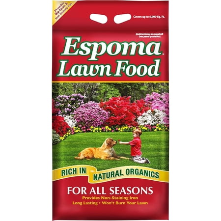 Espoma Lawn Food for All Seasons. Rich in Natural Organics 15-0-5 Analysis; 20 lbs. Covers up to 6,000 Square feet. Bio-Tone Formula with Slow Release Nitrogen and Non-Staining Iron.