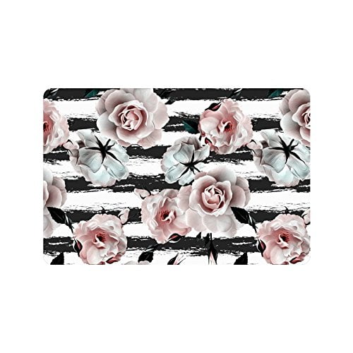 MKHERT Pink Roses Flower White and Black Stripes Doormat Rug Home Decor  Floor Mat Bath Mat 23.6x15.7 inch