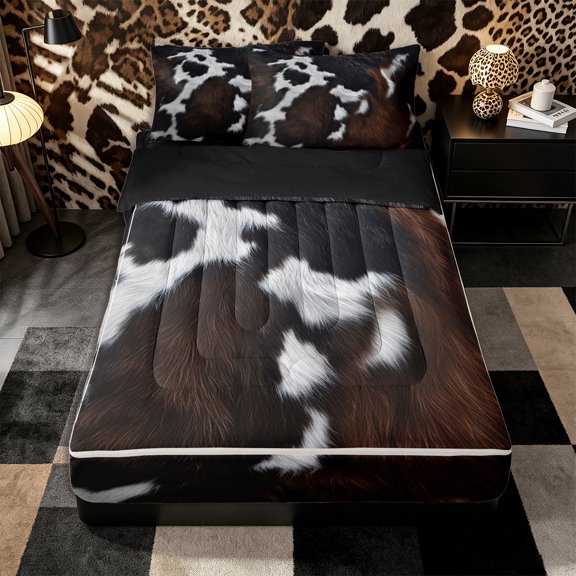 Erosebridal Cowhide Print Zipper Twin Comforter Sets with Fitted Sheet and 2 Pillowcases,Farm Animal Zipper Bedding Set,Brown Black White,Black Reversible