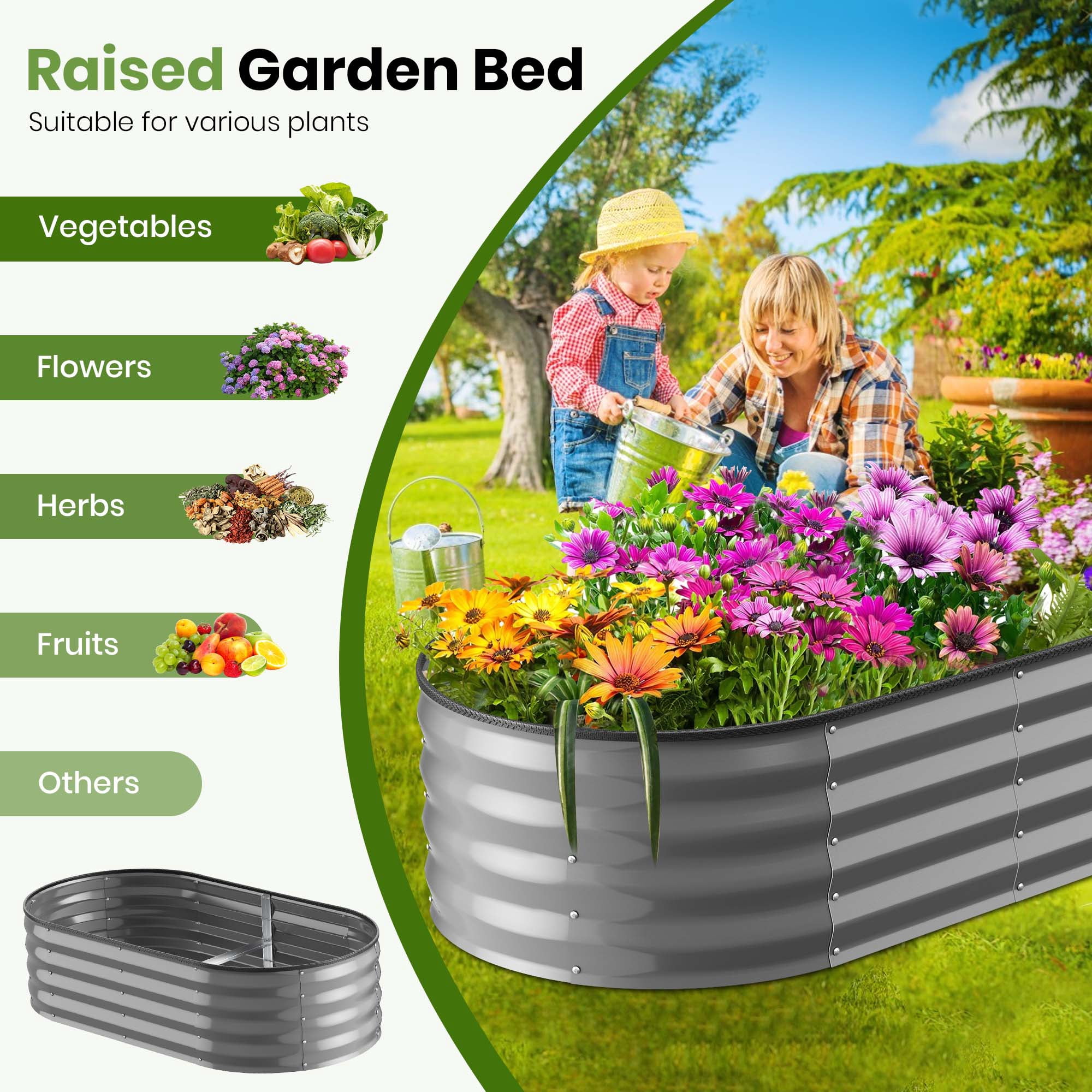 GVDV 2 Pack Raised Garden Bed Outdoor, 4x2x1ft Backyard Oval Metal Planter Box with Easy Assembly, for Gardening Vegetables, Fruits, Flowers - Dark Gray