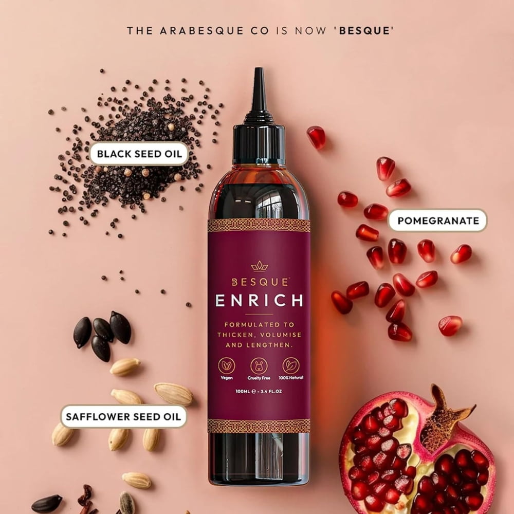 Besque Enrich Hair Oil, 1.69 FL OZ, with Castor Oil and Black Seed Oil, Suitable for All Hair Types