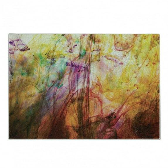 Modern Cutting Board, Rainbow Water Painting Colored on a Canvas Painting Like Vision Image Print, Decorative Tempered Glass Cutting and Serving Board, Small Size, Multicolor, by Ambesonne