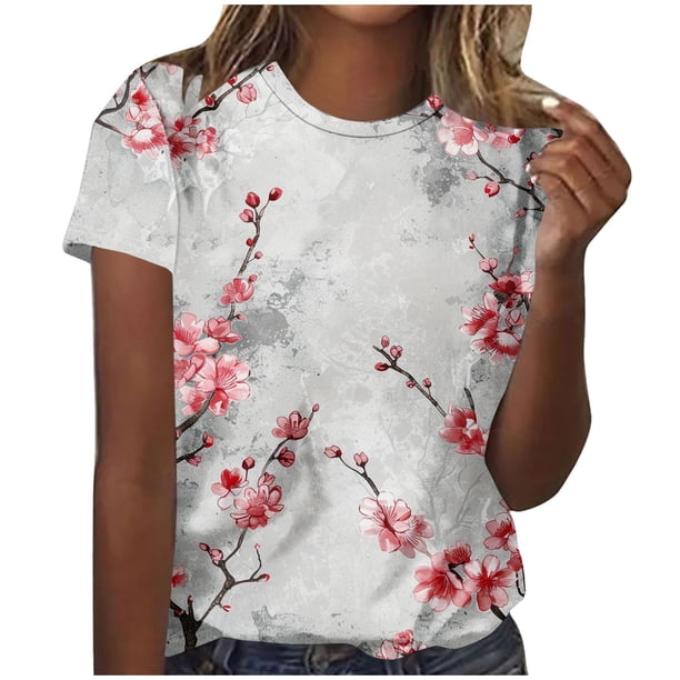 Tops Y Blusas de las Mujeres Estampadas Cuello Redondo Manga Corta, Poliéster Casual Top para Diario, Fiesta Y Todas las Estaciones