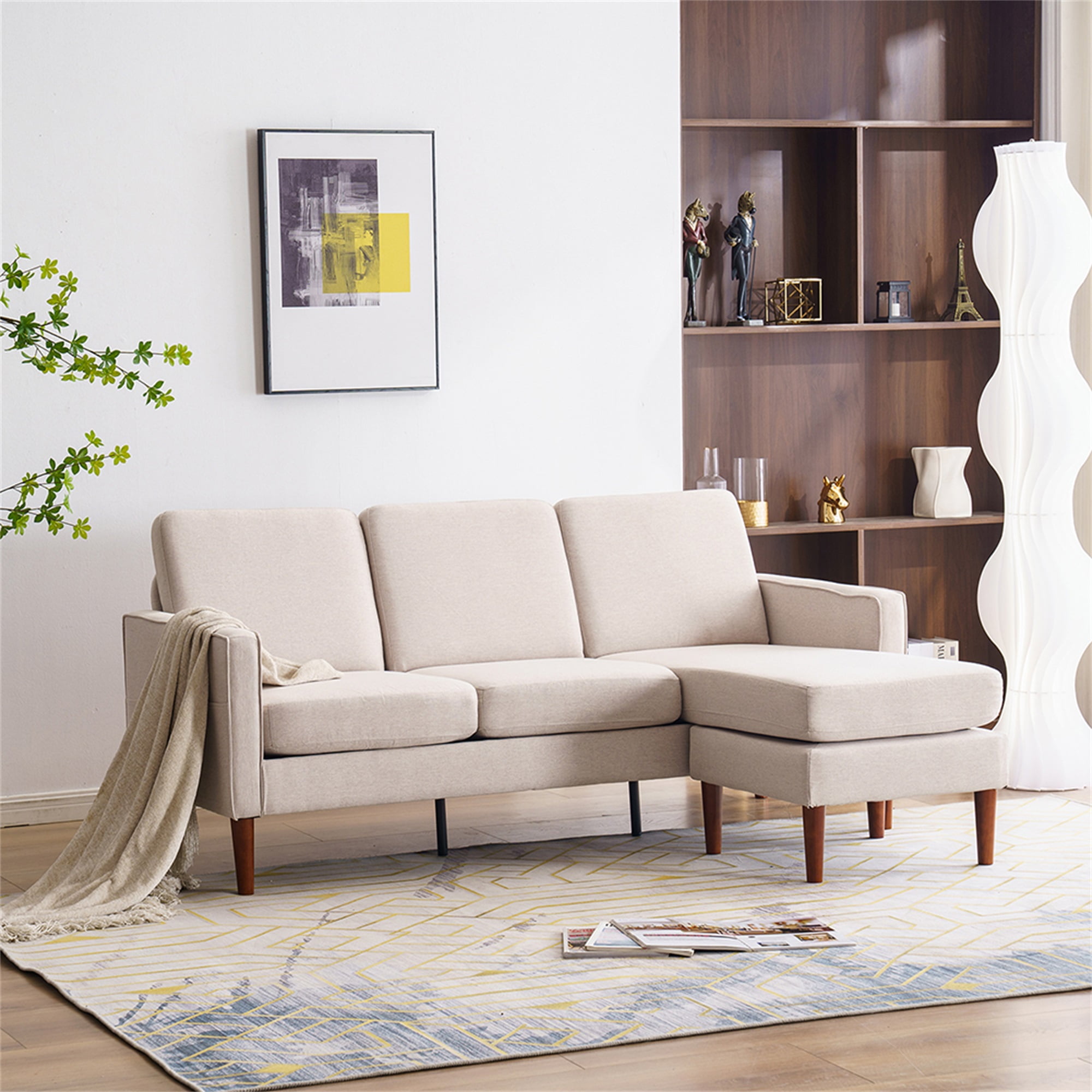 Yardi Yard Fabric L-Shape Couch with Reversible Ottoman, 3-Seat Sectional Sofa for Living room, Beige Yardi Yard Fabric L-Shape Couch with Reversible Ottoman, 3-Seat Sectional Sofa for Living room, Beige