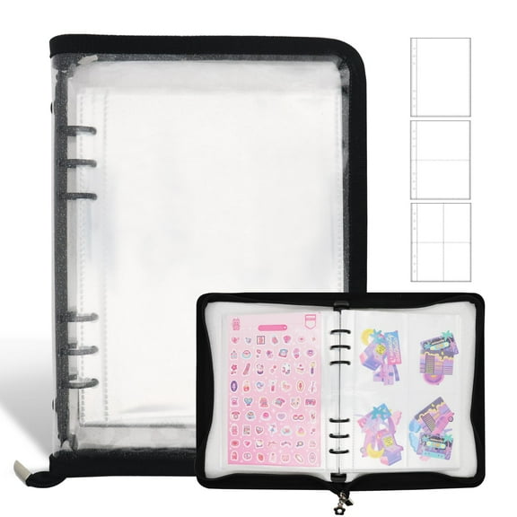 A5 Sticker Organizer Binder with Zipper Pocket, Reusable Sticker Collection Book for Collecting Stickers, Includes 40 Sheets with 160 Pockets, Black