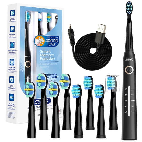 Seago Sonic Electric Toothbrush For Adult, 8 Brush Heads, 1 USB charging cable,4000VPM, Black SG958