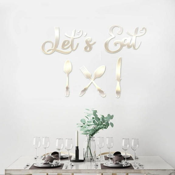 Let's Eat Acrylic Wall Stickers and Fork Pattern Mirror Decor Stickers DIY Wall Decals for Kitchen Dinning Room Restaurant Motivational Letter Wall Decor diy