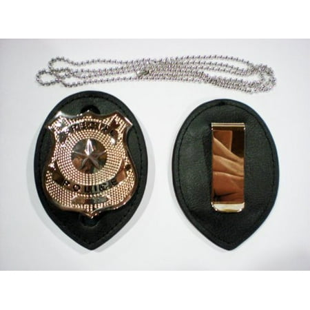 Police Clip on Leather Badge holder and Chain BADGE NOT (Best Looking Police Badge)