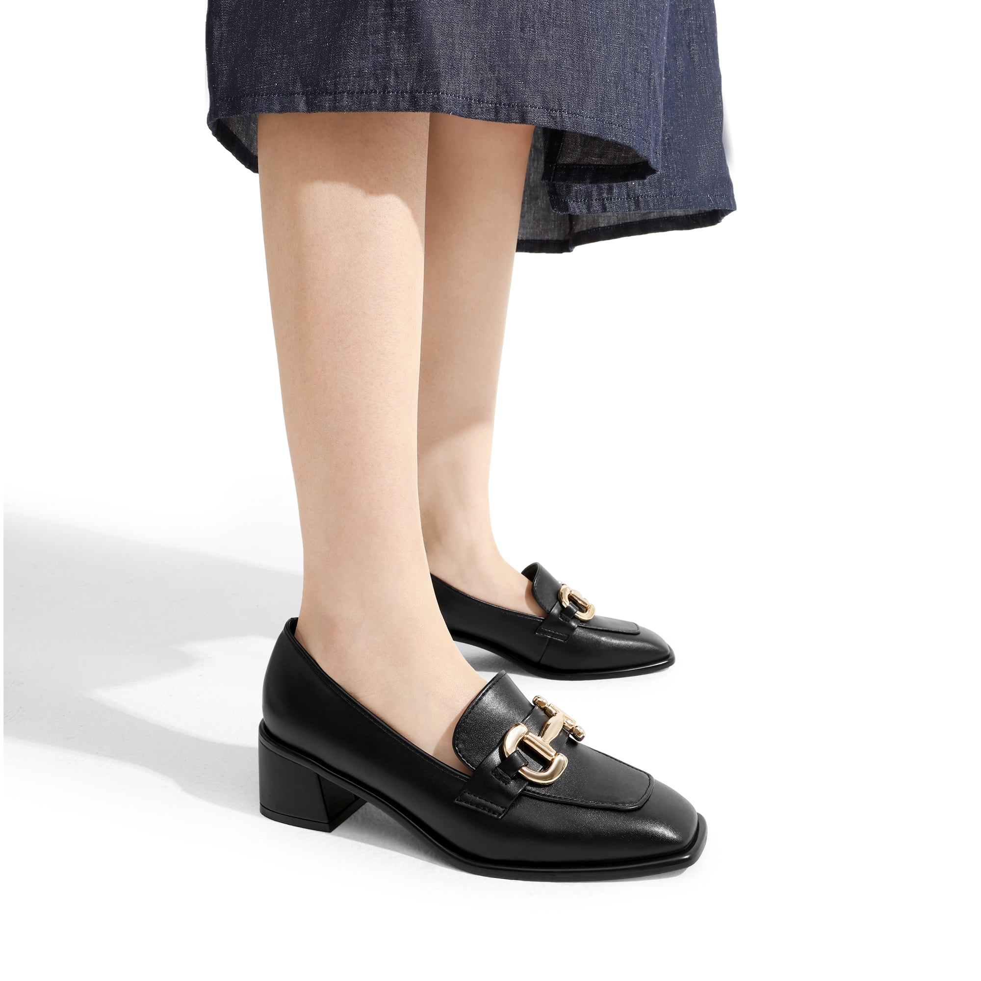 DREAM PAIRS Loafers with Heels for Women Leather Chunky