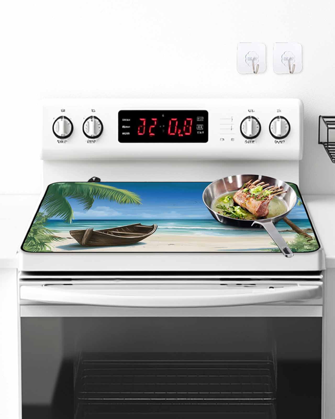 Stove Top Covers for Electric Stove, Ocean Beach Glass Stovetop Cover Protector, Blue Coastal Palm Tree Nautical Sailboat Induction Cooktop Protector Oven Mat for Kitchen Countertop 24"x21"