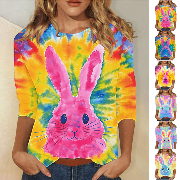 VgaVtl 3/4 Sleeve T-Shirt for Women Easter Plus Size Womens Tops Casual Regular Pull on Fashion Going Out Tie-Dye Tops,S