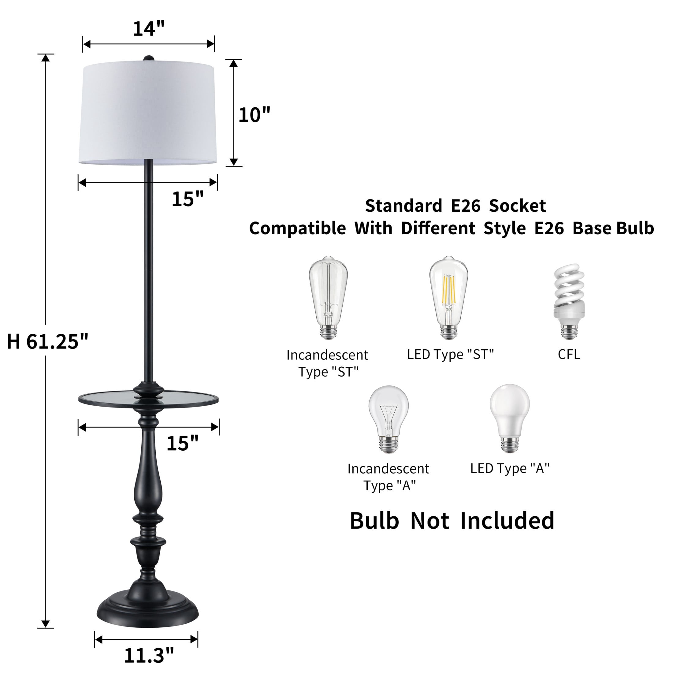 KAWOTI 61.25'' Black Floor Lamp with Table and Drum Shade for Living Room