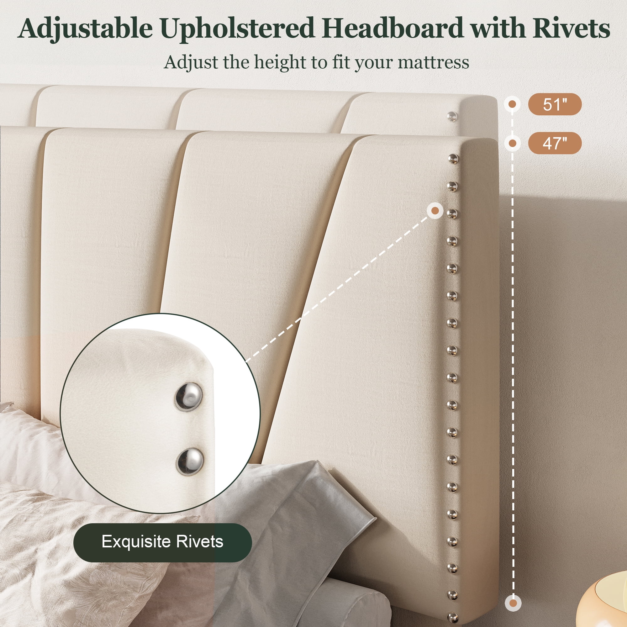 Amolife Full Size Platform Bed Frame with Adjustable Velvet Upholstered Headboard, Cream