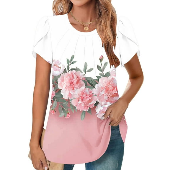 Fengqque 2025 Women's New Round Neck Pleated Tunic Top Curved Hem Printed Blouse