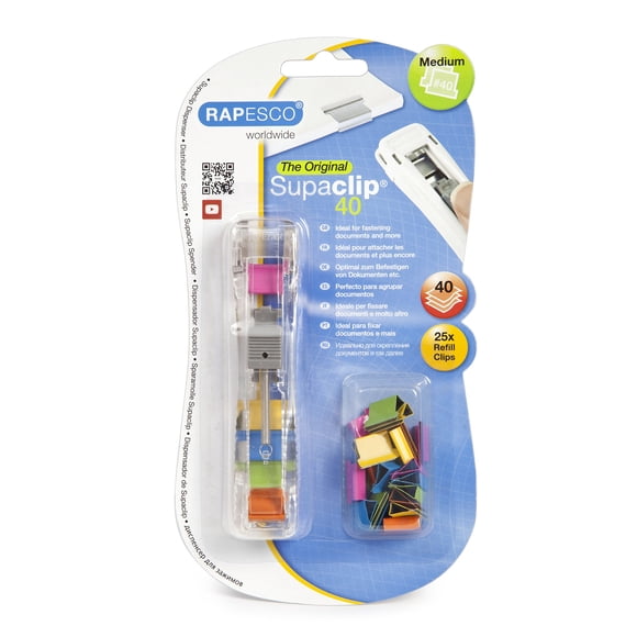 Rapesco Supaclip #40 Dispensador con 25 clips de repuesto multicolores (RC4025MC)