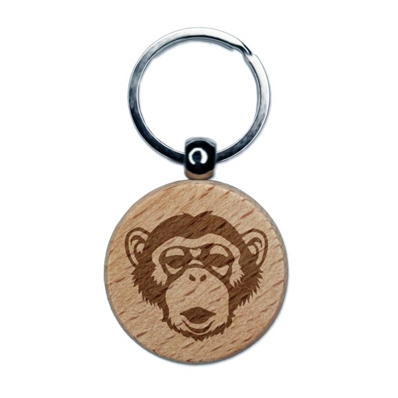 Chimpanzee Primate Ape Round Keychain Charm Tag - Engraved Wood