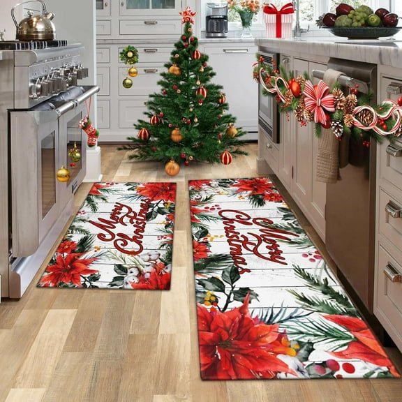 Christmas Kitchen Mats Set of 2, 17x30   17x47 Inch Xmas Kitchen Rugs, Poinsettia & Merry Christmas Design, Non - Slip Floor Mats for Kitchen, Dining Area Christmas Decor