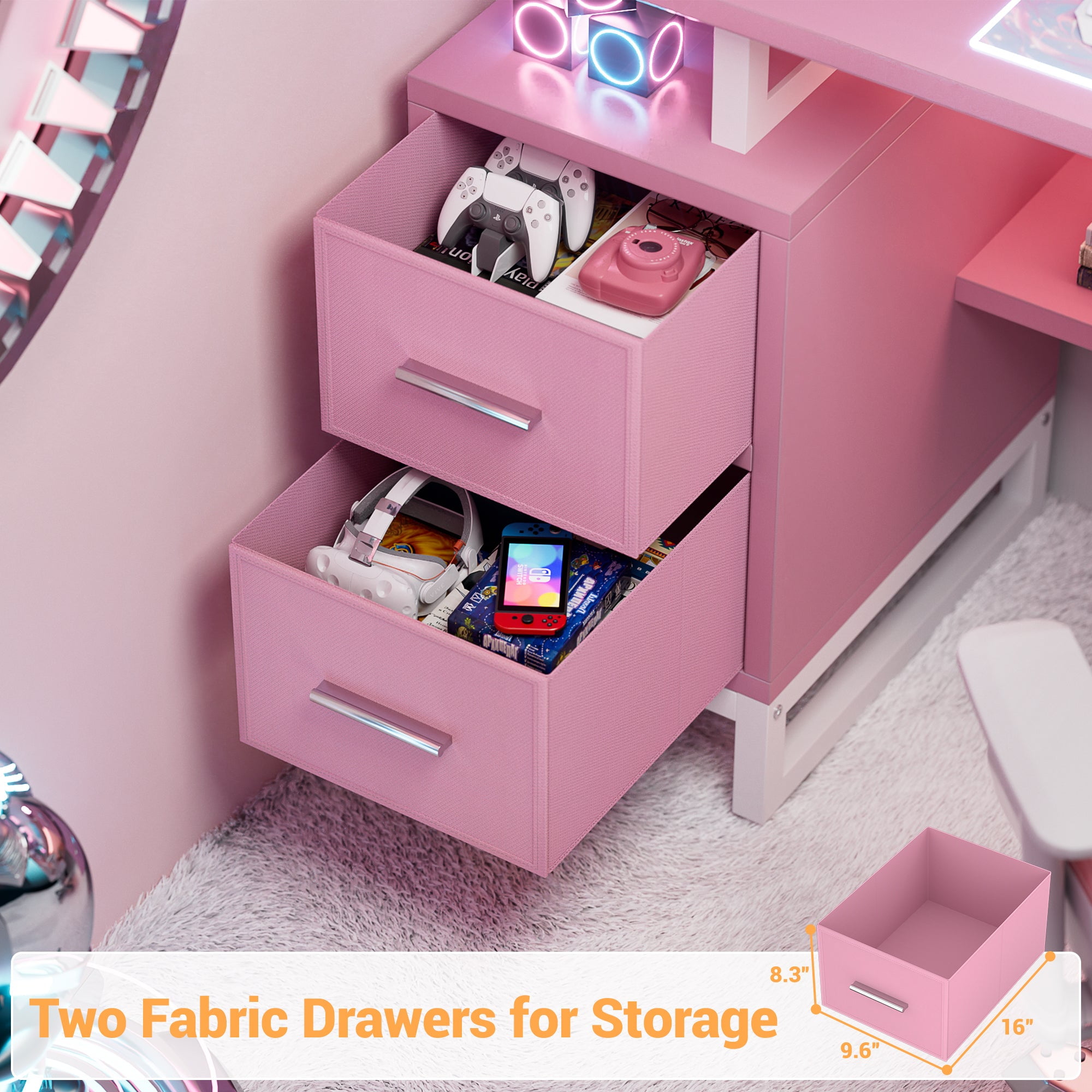 Homieasy 53" Gaming Desk with 2 Fabric Drawers & LED Lights, Reversible Computer Gaming Desk with Power Outlets, Writing Desk with Monitor Stand for Home & Office, with Pegboard, Pink