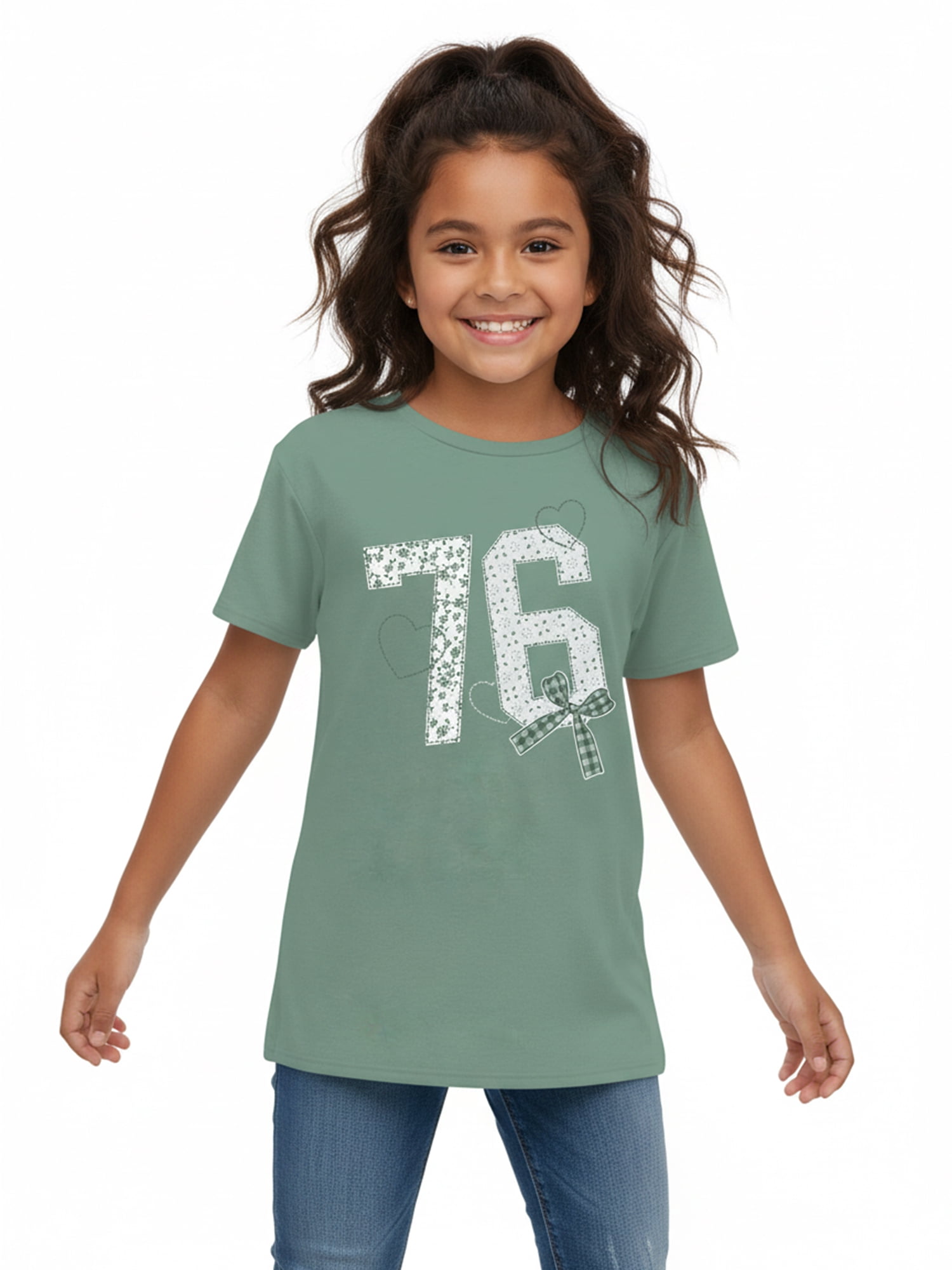 Wonder Nation Girls Faux Applique 76 Graphic Tee with Short Sleeves, Sizes 4-18