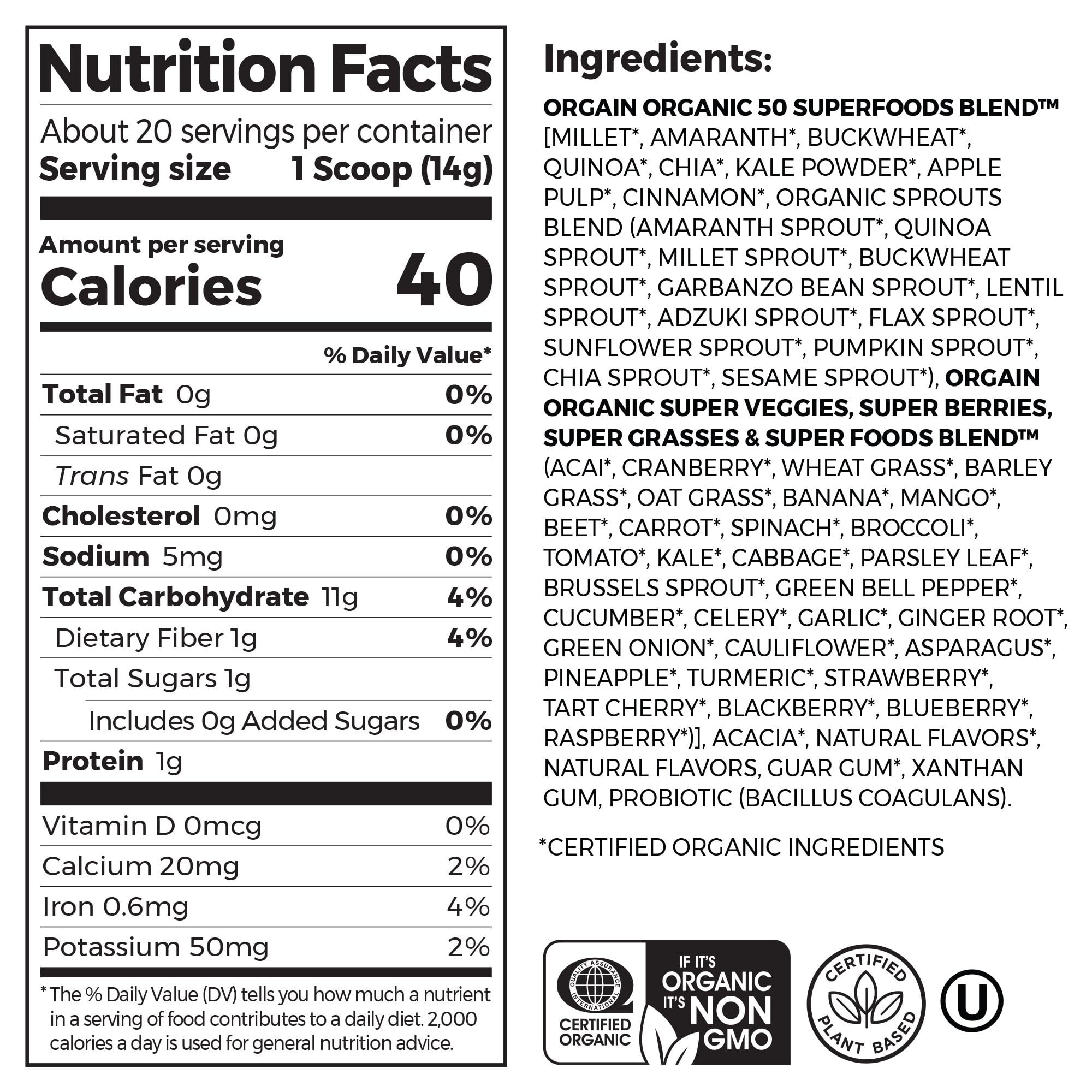 Orgain Organic Vegan Green Superfoods Nutrition Powder, Berry, 0.62lb