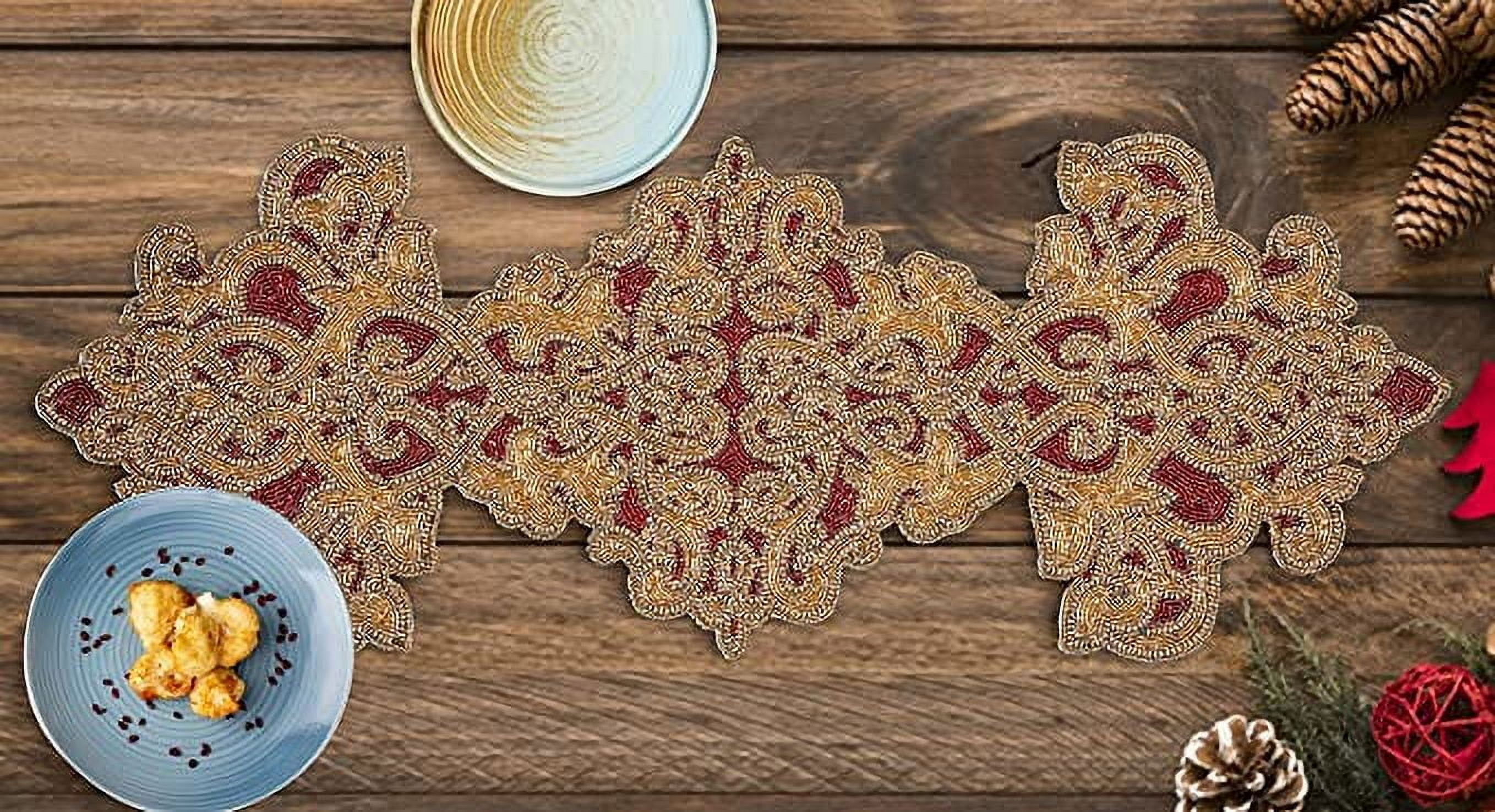 GFI LINEN CLUBS Hand Made Beaded Table Runner / Home Decor Mat in Gold & Red Colour, 13 x 36 Inches, Pack of 1, Produced by Village Artisans in India