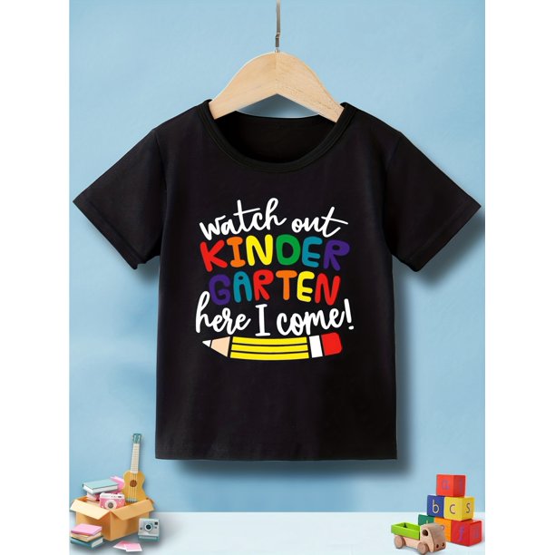 Girls' "Watch Out Kindergarten Here I Come!" Graphic T-Shirt - Soft Playful Letter Print with Pencil Design, Round Neck Machine-Washable Knit Top for Preschool & Kindergarten Milestone