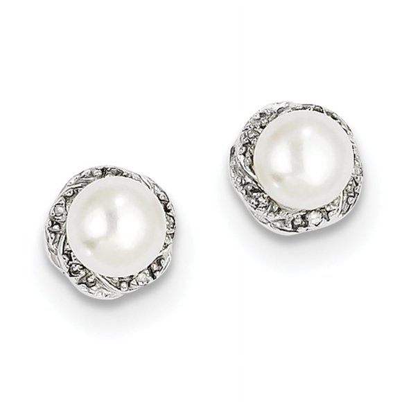 Boucles d'Oreilles en Argent Sterling Rhodié FW Perle de Culture & Diamant QDX324