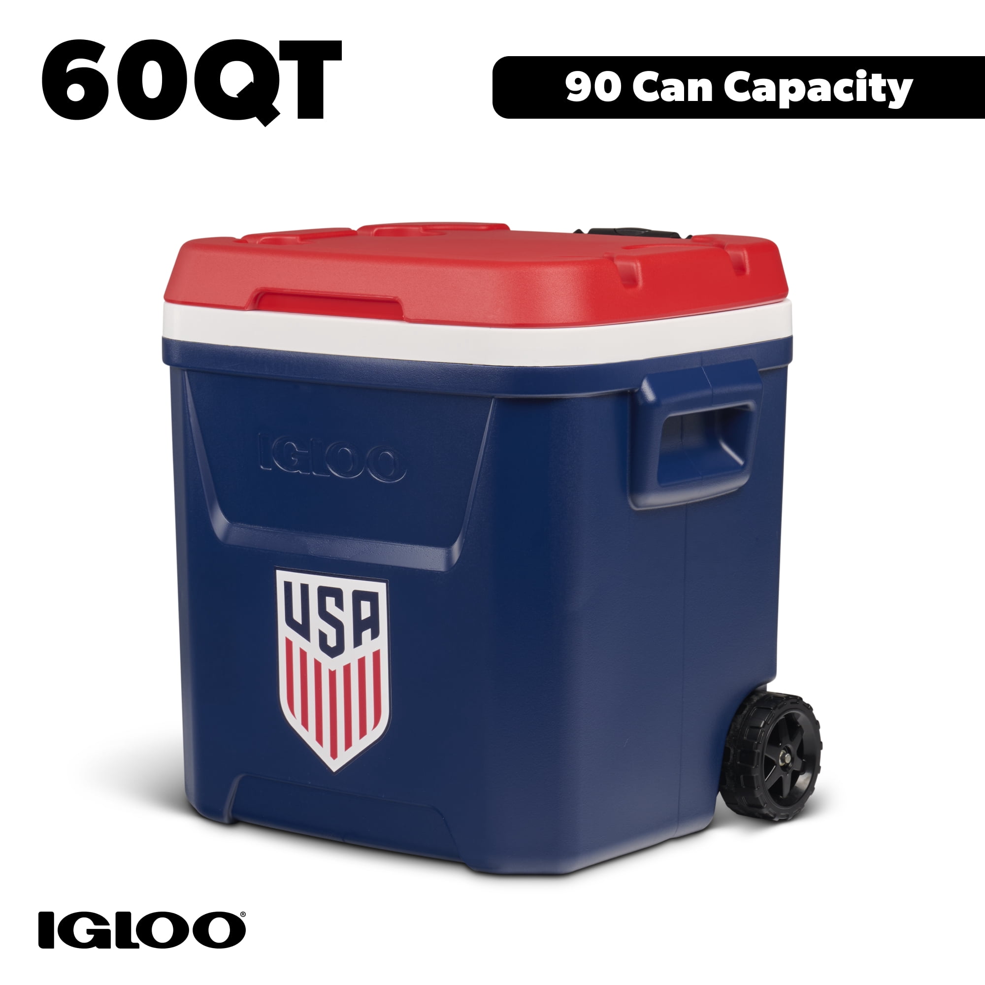 Igloo x USSF 60 QT Laguna Ice Chest Cooler with Wheels, US Soccer Rolling Cooler for Games and Practices, Red White and Blue