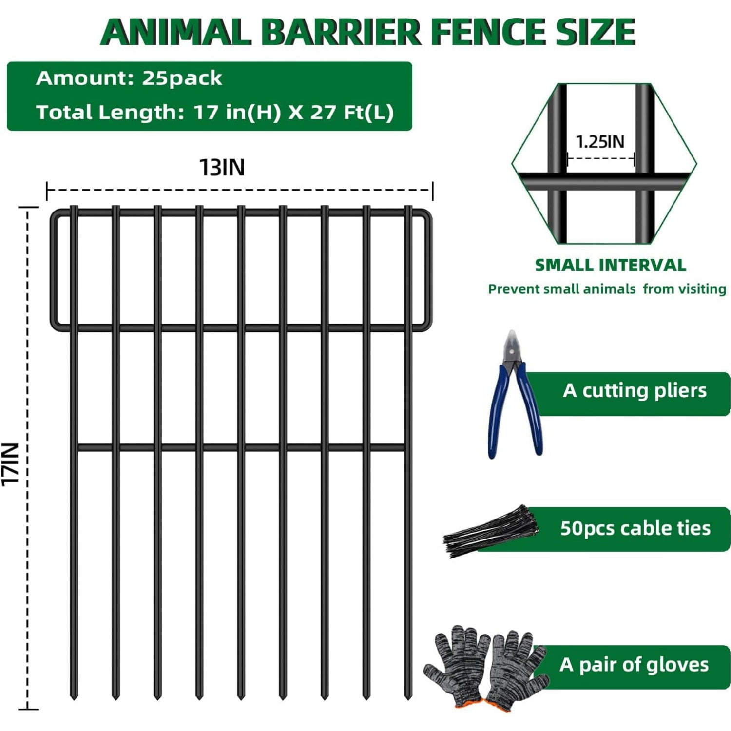 25 Panels Garden Fencing Animal Barrier, 17in (H) X 27ft (L) No Dig Dog Fence, 1.25 in Gap Fence Border for Dogs Rabbits, Rustproof Metal Decorative Fences Blocker for Outdoor, Yard