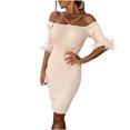 thumbnail image 1 of CEHVOM Robe Mode Femme Bandage Pli Manches Mi-Longues Florale Couleur Unie Mini Robe en Solde, 1 of 7