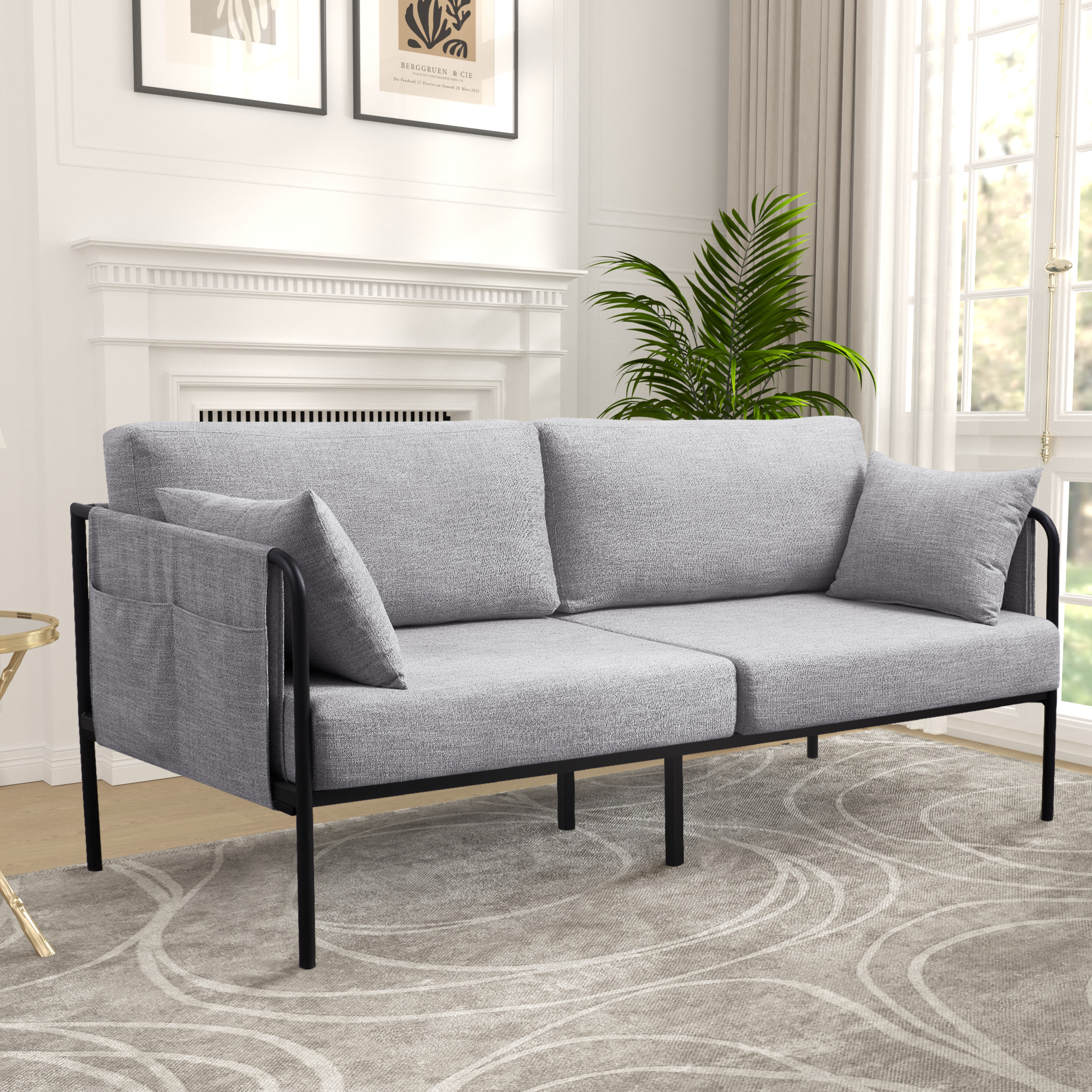 Subrtex Sofa Modern Upholstered Linen Fabric Couch with Metal Arm, Gray