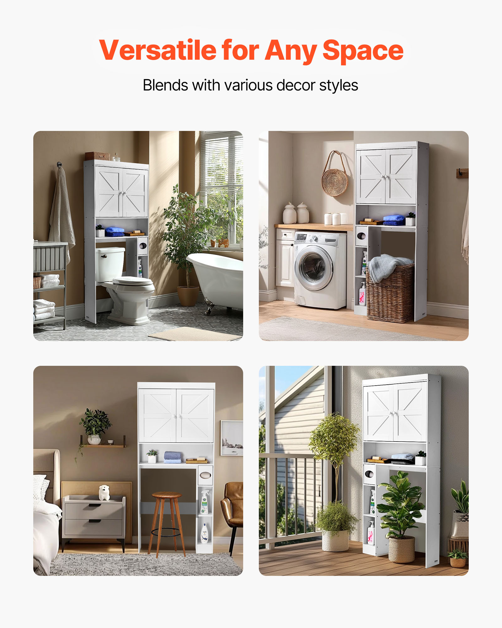 VEVOR Over The Toilet Storage Cabinet, 67.44 in Height Bathroom Storage Organizer with Double Door and Adjustable Shelf, Bathroom Space Saver Organizer Above Toilet with Open Shelf, White
