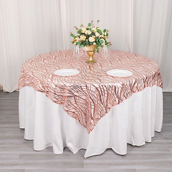 BalsaCircle 72x72 in Blush Wavy Embroidered Sequined Tulle Square Table Overlay Party Events Decorations Supplies