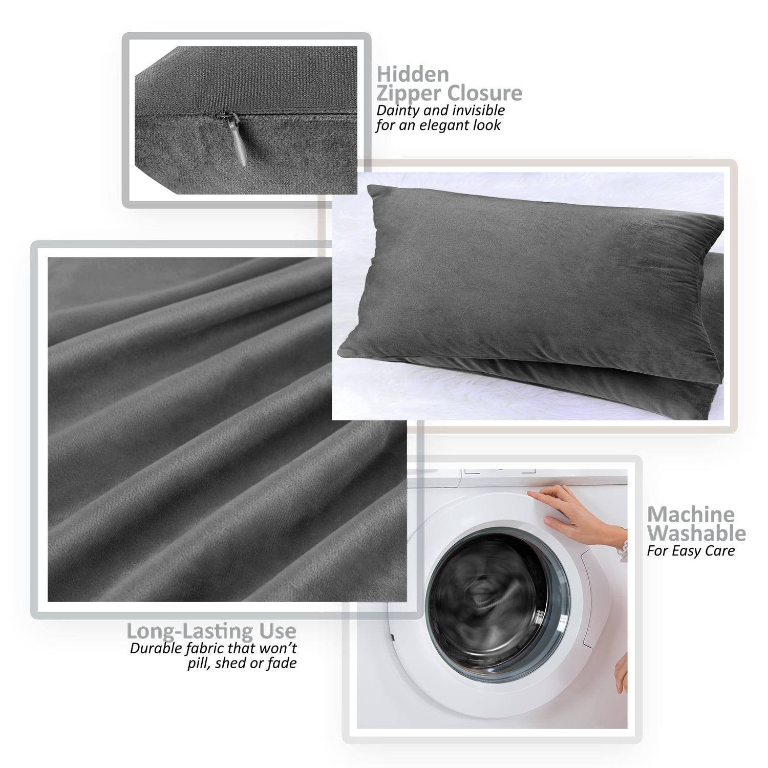 Clara Clark Plush Solid Decorative Microfiber Square Throw Pillow Cover with Throw Pillow Insert for Couch, Grey, 26"x26"", 4 Piece Decorative Soft Throw Pillow Set