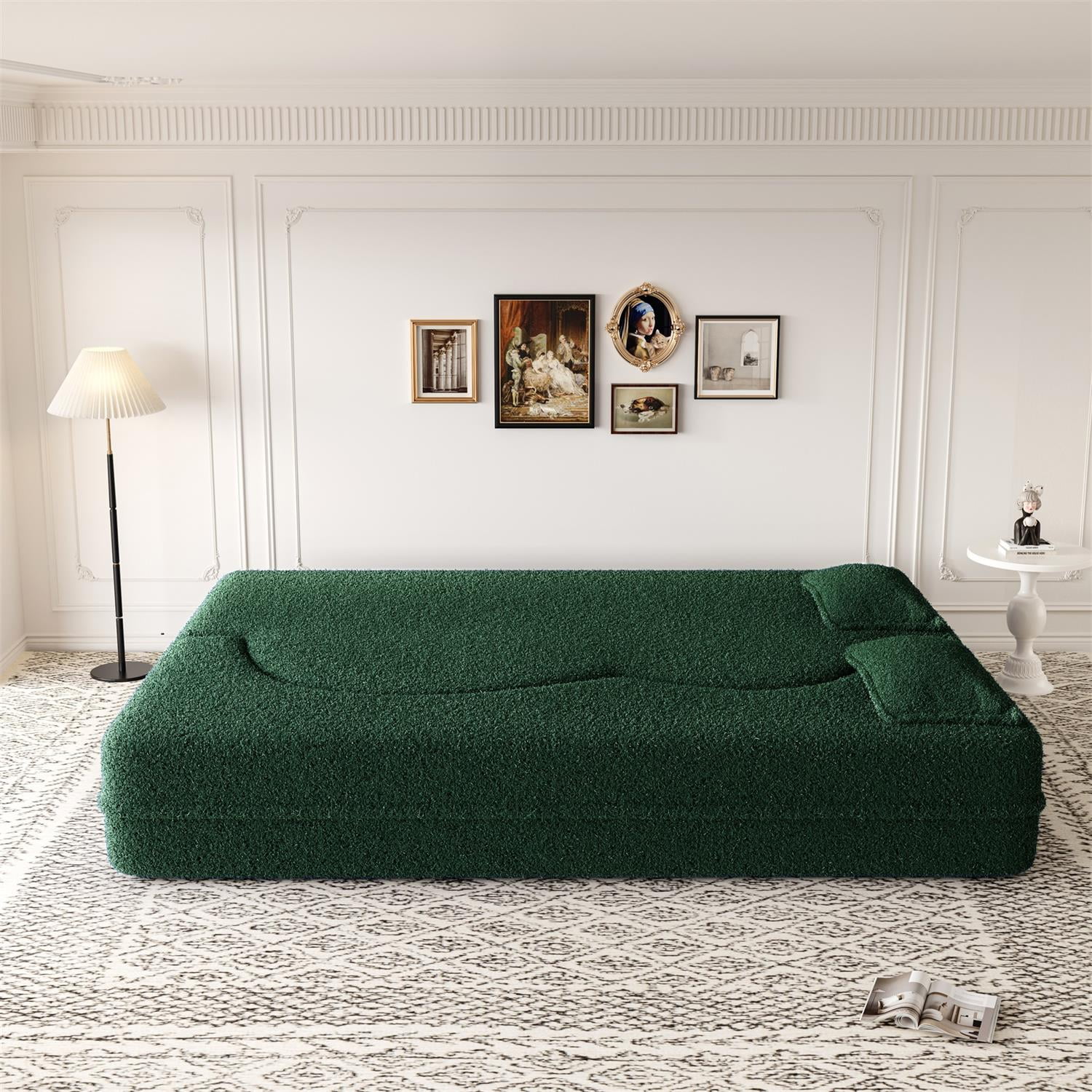 Demi Bonn 78" Modern Floor Sofa Bed with 2 Pillows, Convertible Teddy Fabric Full Size 15" Foam Mattress, No Assembly, Stylish Sleeper Couch for Living Room, Green